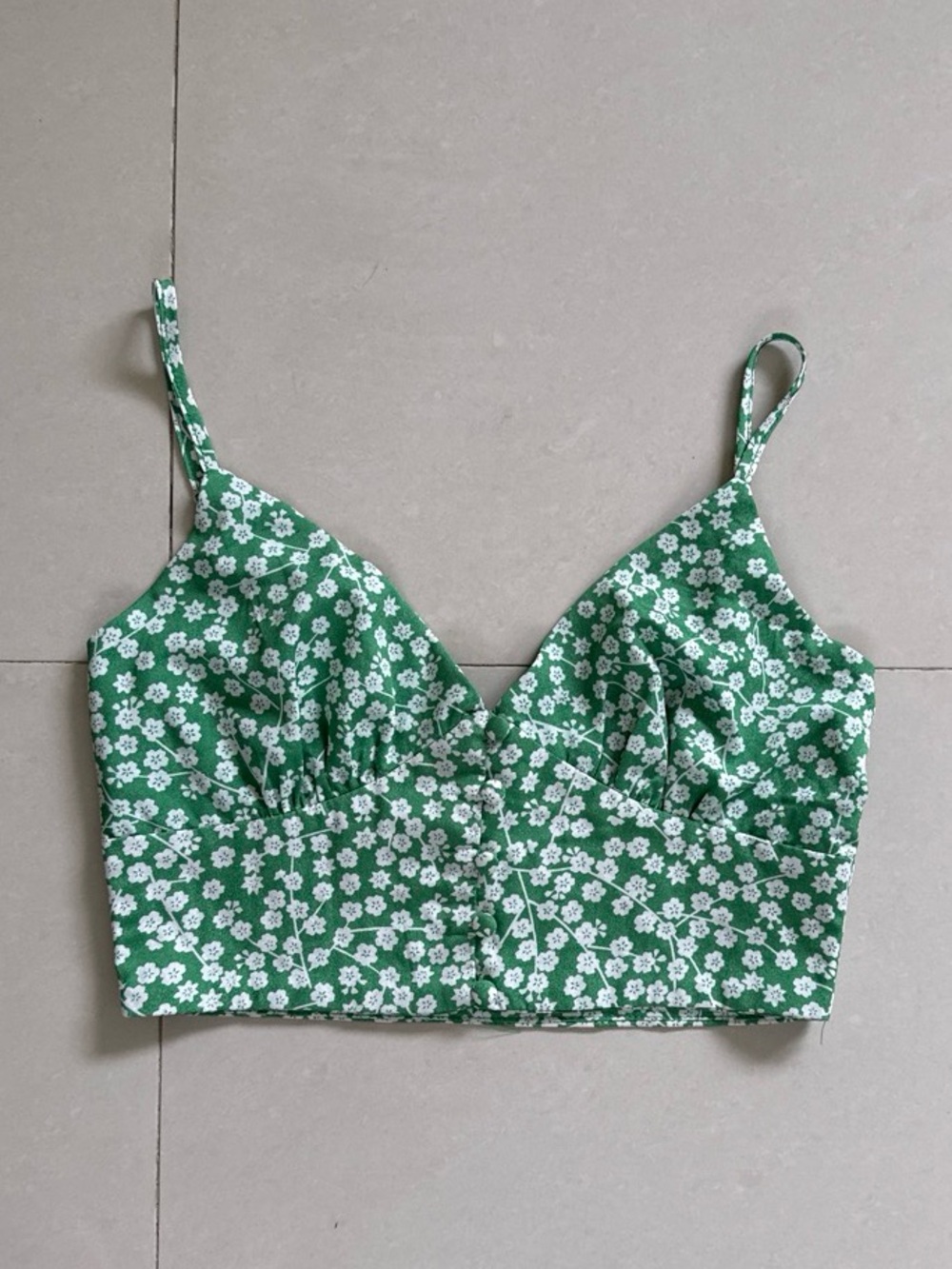 Princess Polly Green Floral Spaghetti-Strap Cropped Tank